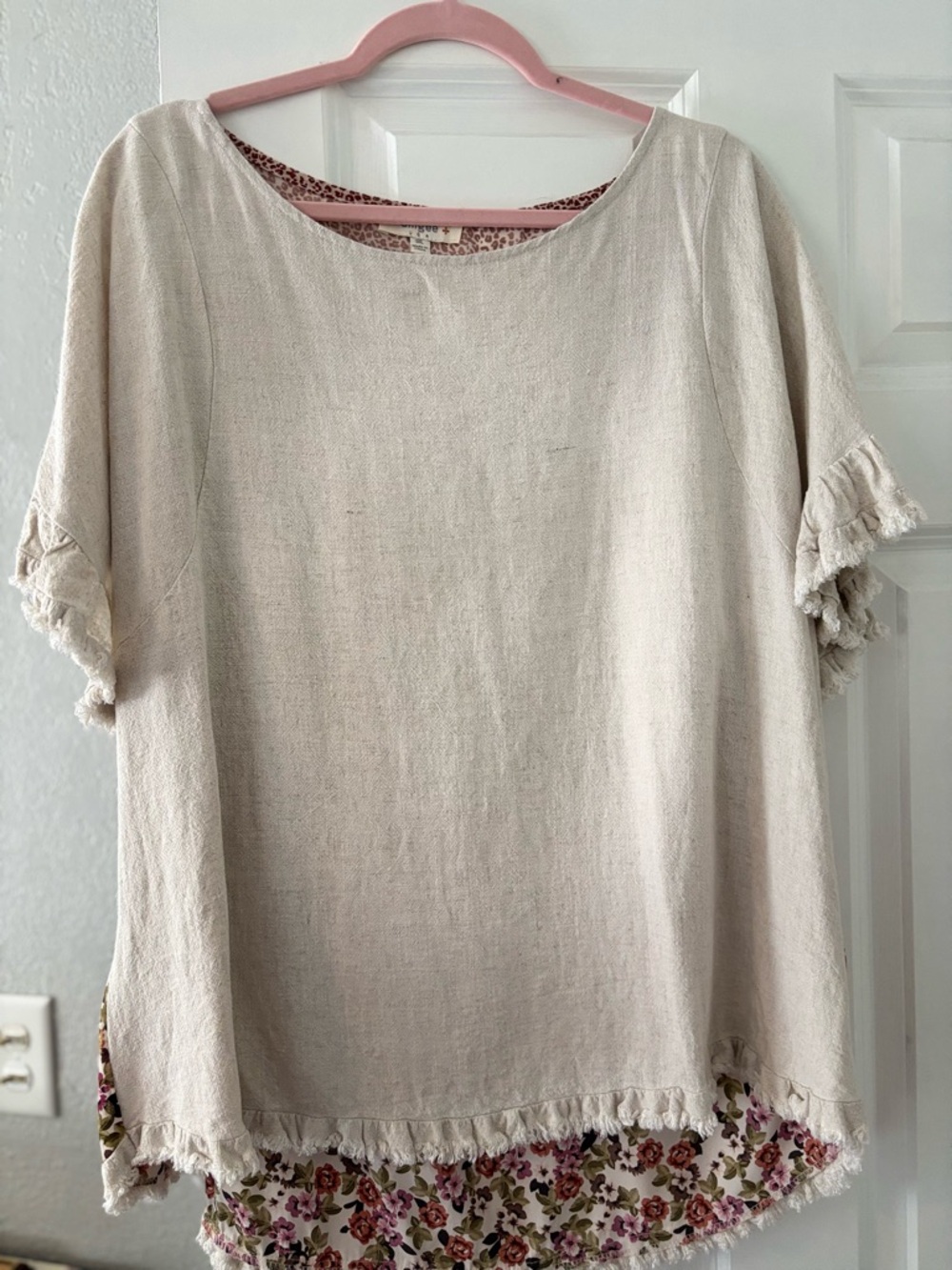 Umgee Cream Fringe Short Sleeve Tunic with Floral Hem